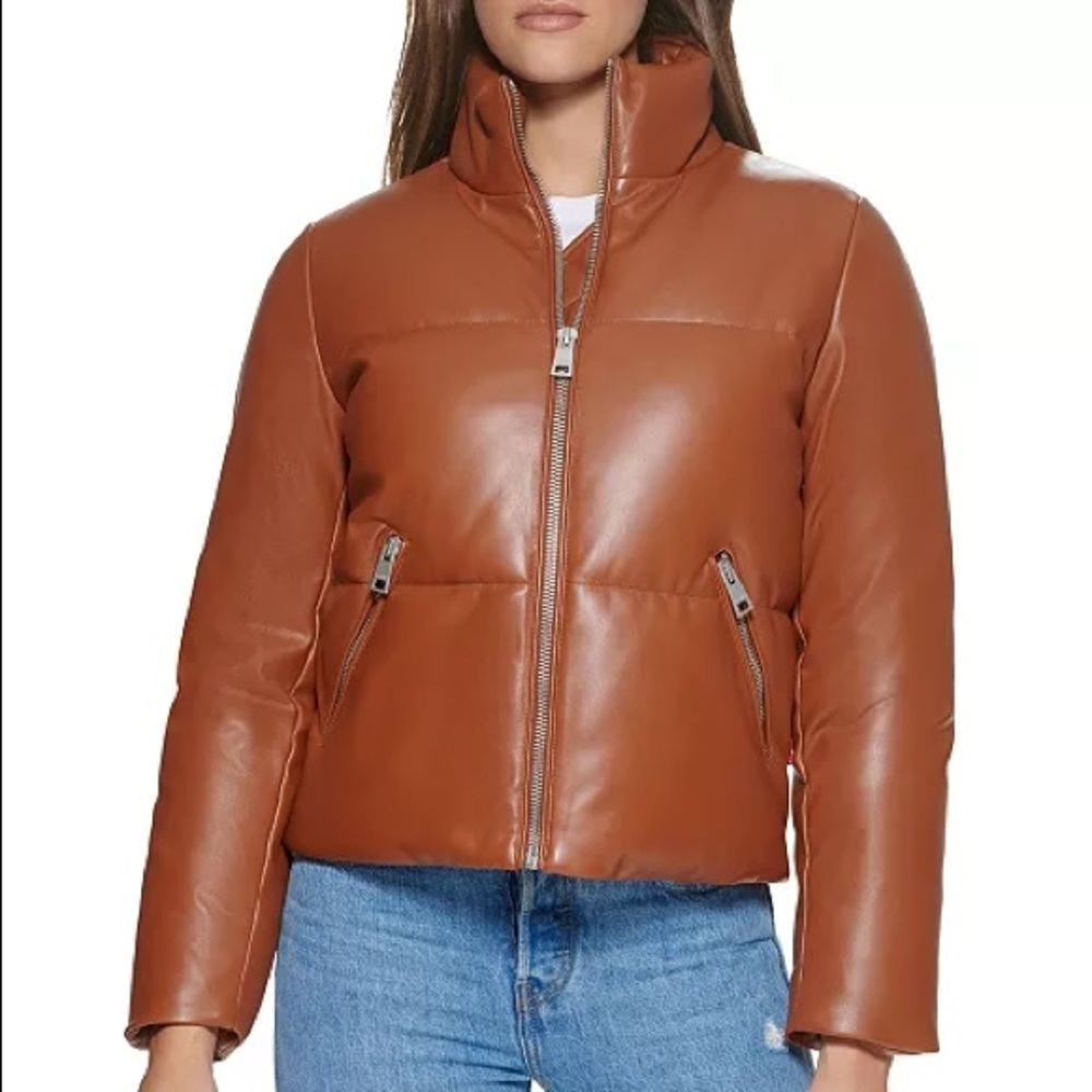 Quilted Faux Leather Puffer Coat Jacket Camel Medium